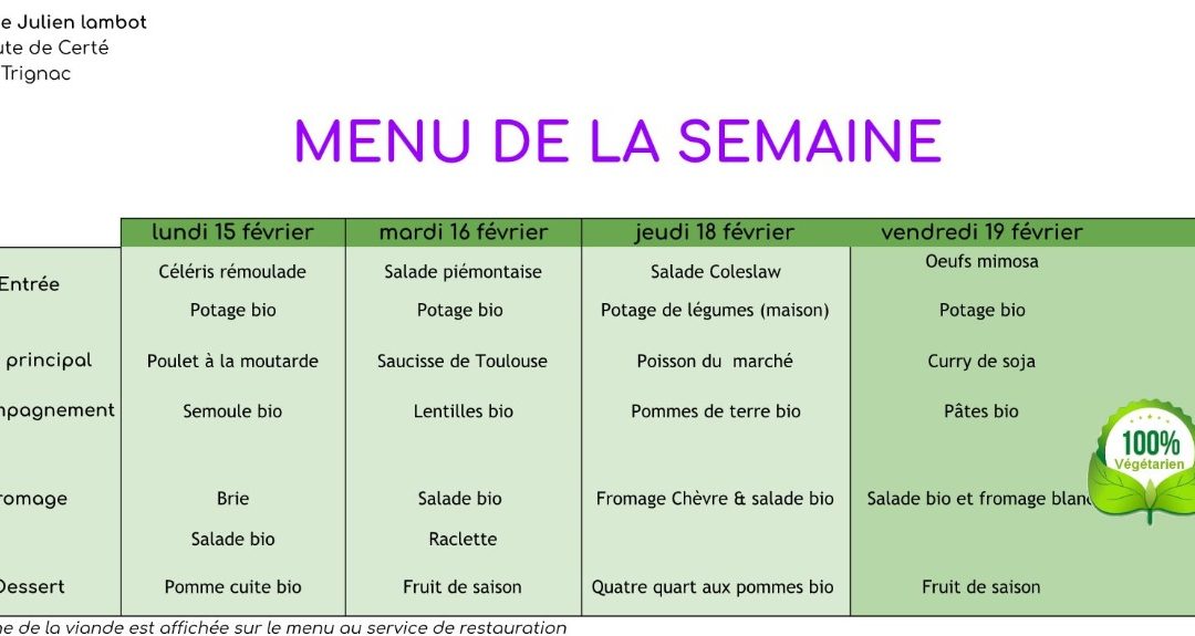 Menu semaine du 15/02 au 19/02